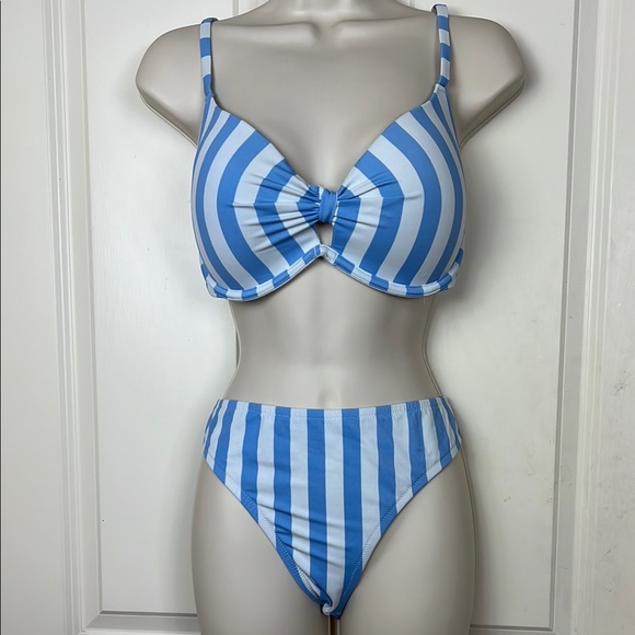 Shade & Shore Blue and White Striped Bikini | Size Lg and 34DD - Picture 1 of 10